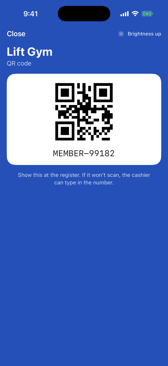 A gym membership barcode card shown full screen