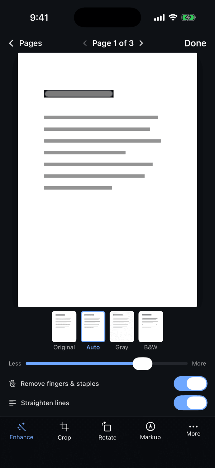 ScanMojo's editor with Original, Auto, Gray and B&W looks and clean-up switches