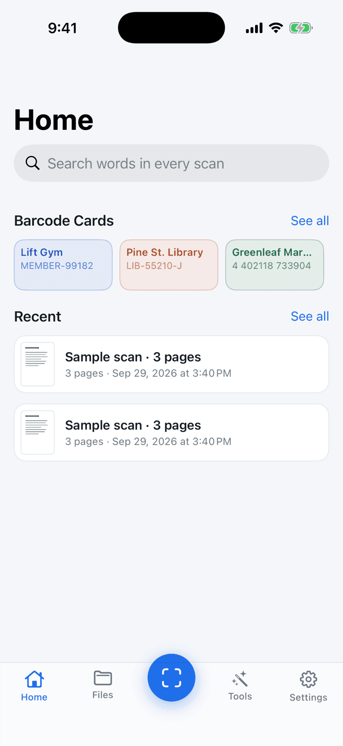 ScanMojo's Home screen with barcode cards and recent scans